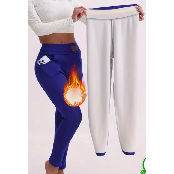 Pants - Fashion Royal Blue Fleece Lined Thermal Leggings High Waist Pockets Winter Pants